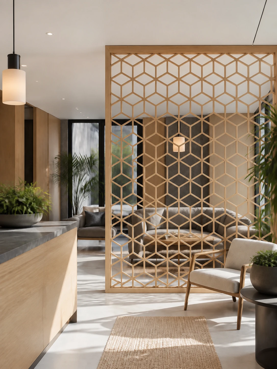 Bright reception lounge divided by a geometric CNC-cut pale oak screen