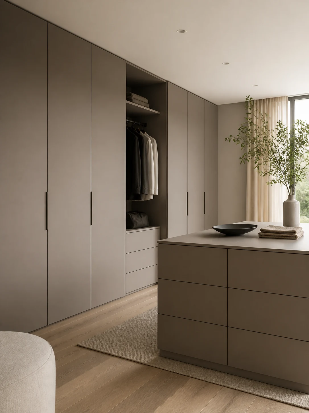 Warm greige matte spray wardrobes and low-sheen dressing-room cabinetry