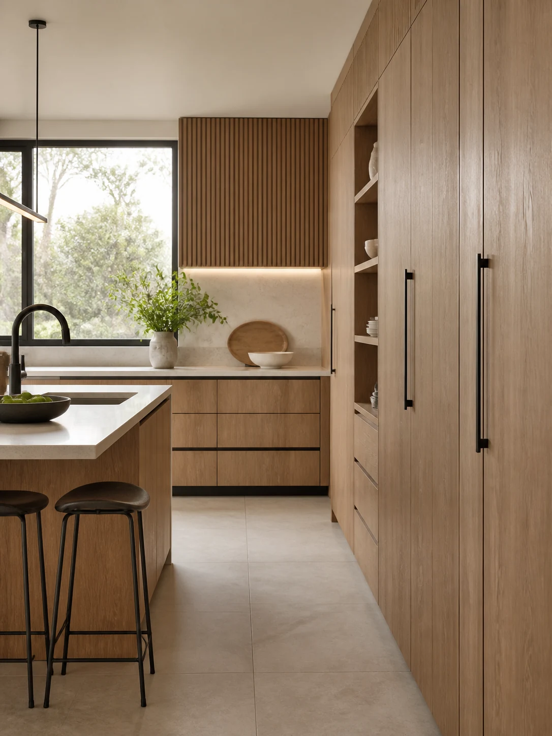 Warm oak melamine kitchen cabinetry with coordinated storage and edge-banded panels