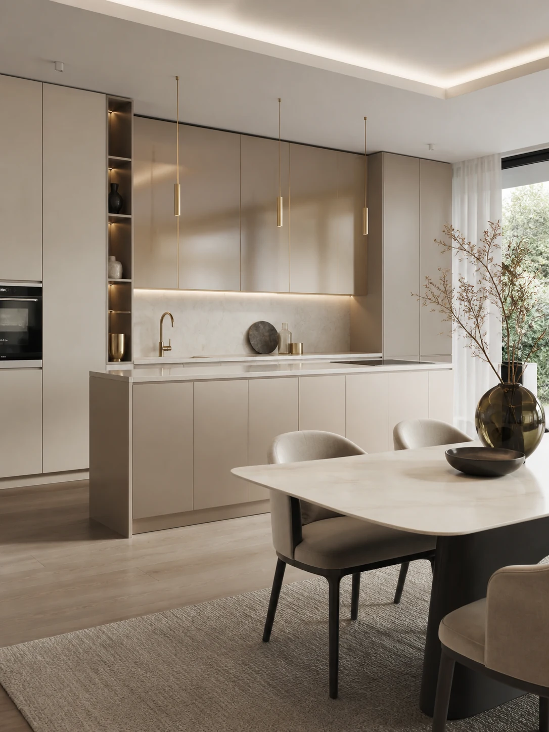Contemporary kitchen with champagne metallic and super-matte PET EB cabinetry