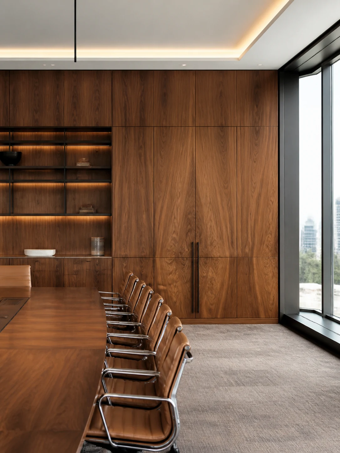 Executive boardroom with book-matched walnut veneer wall panelling and joinery