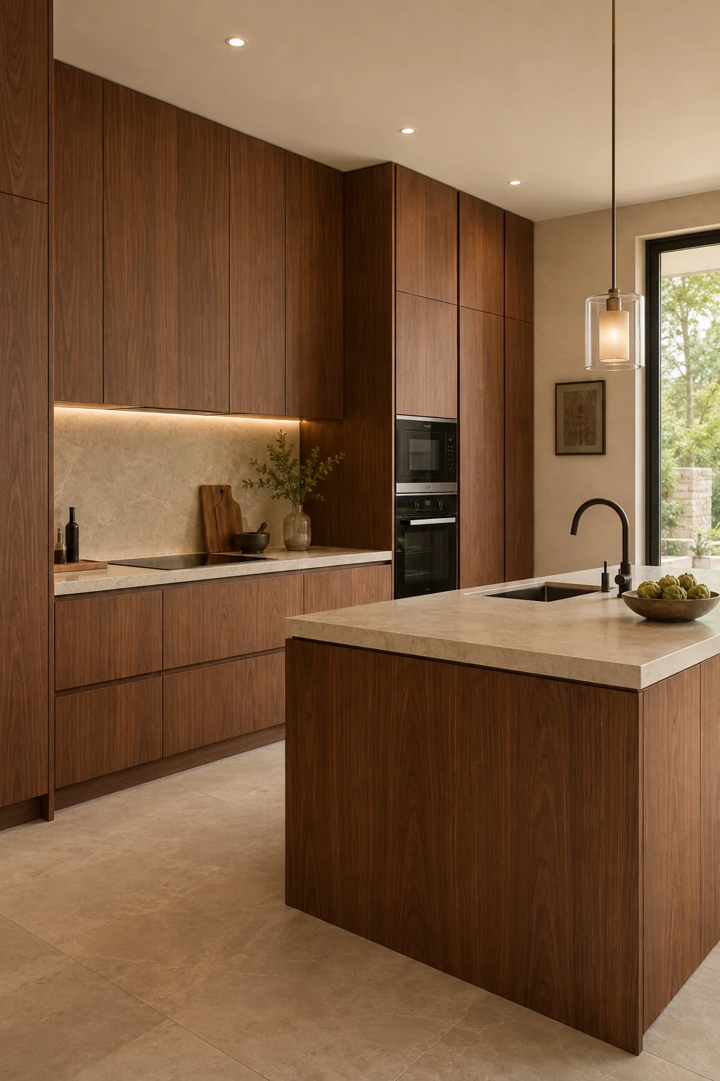Residential kitchen with coordinated timber cabinetry and island finishes