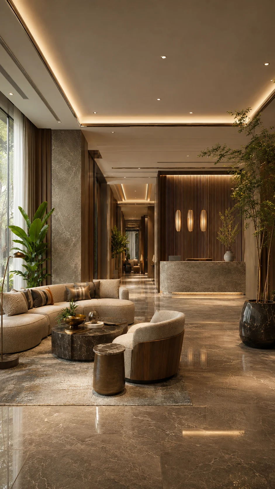 Reception interior with coordinated wall panels and feature surfaces