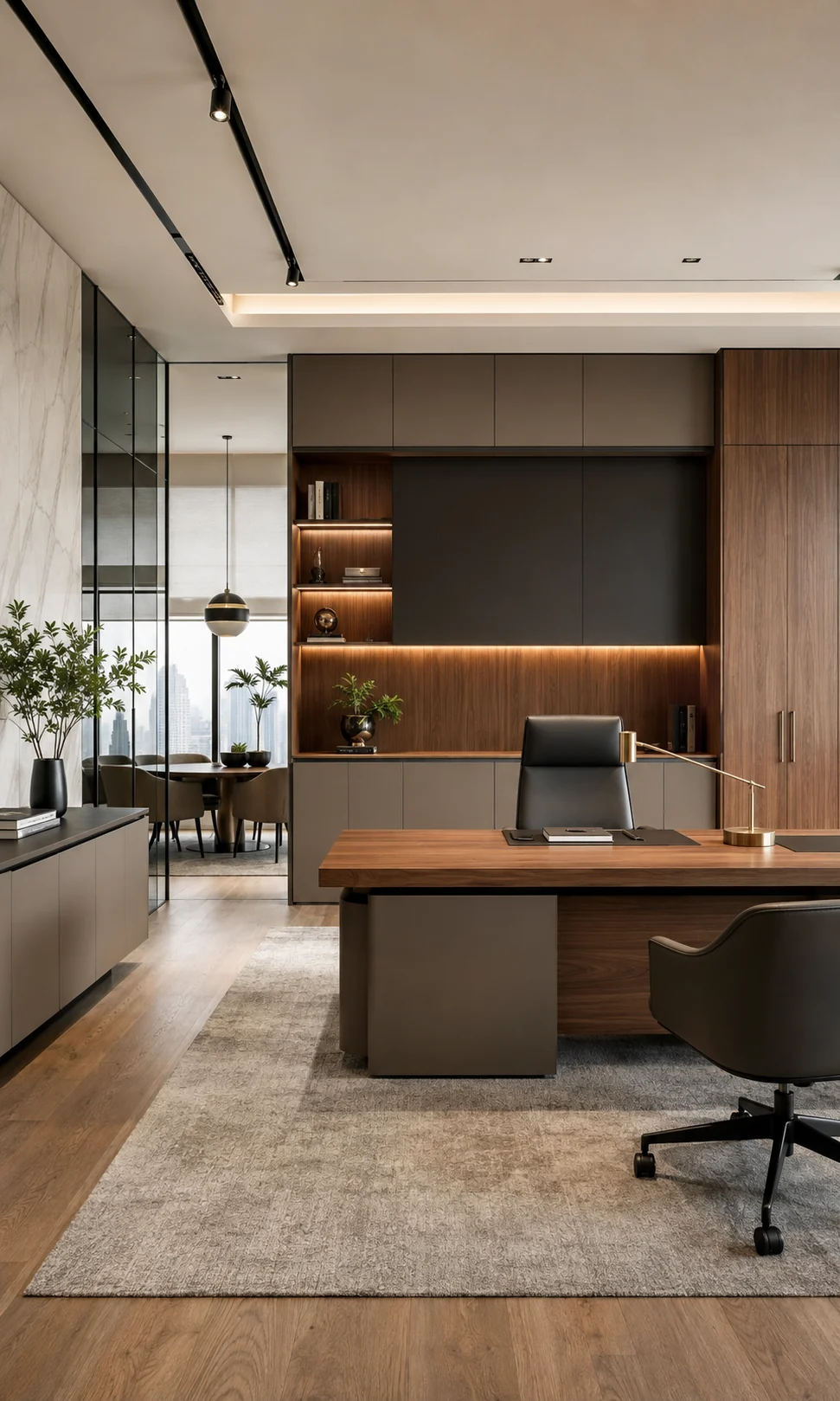 Workplace interior with coordinated cabinetry and decorative wall panels