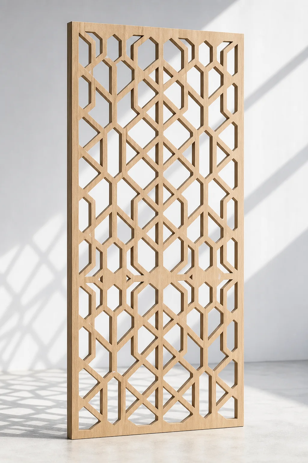 Decorative CNC-cut screen with open geometric pattern