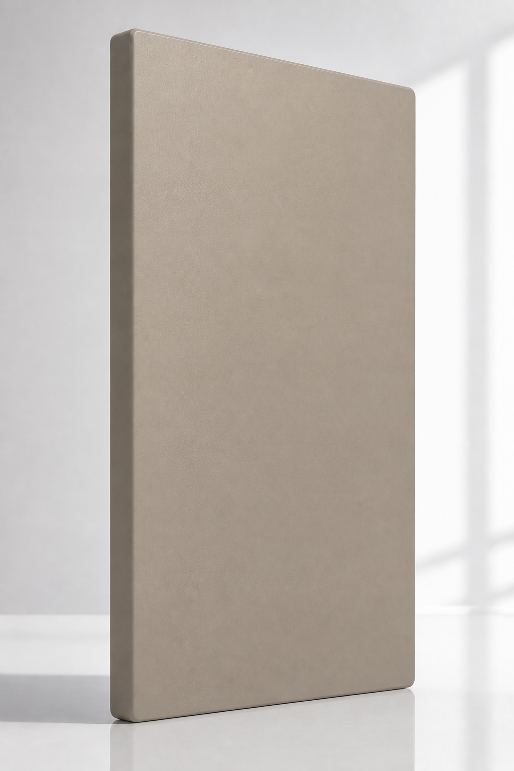 Substantial warm greige panel with a continuous low-sheen spray finish