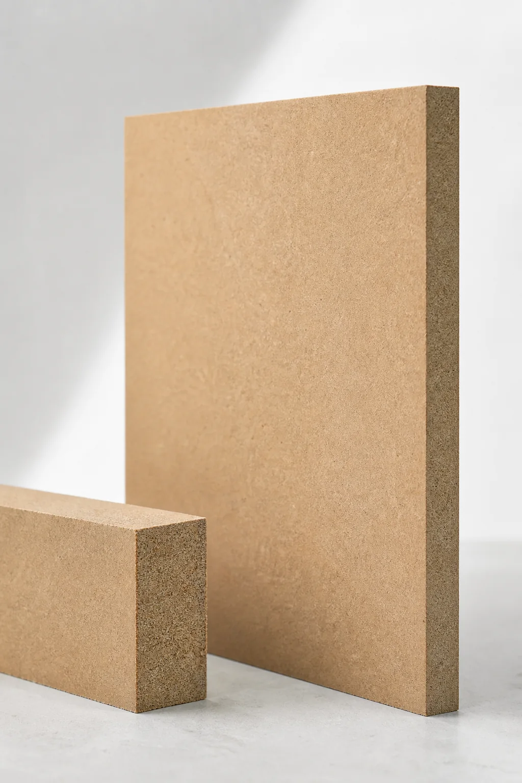 Raw MDF boards showing a dense uniform fibre core