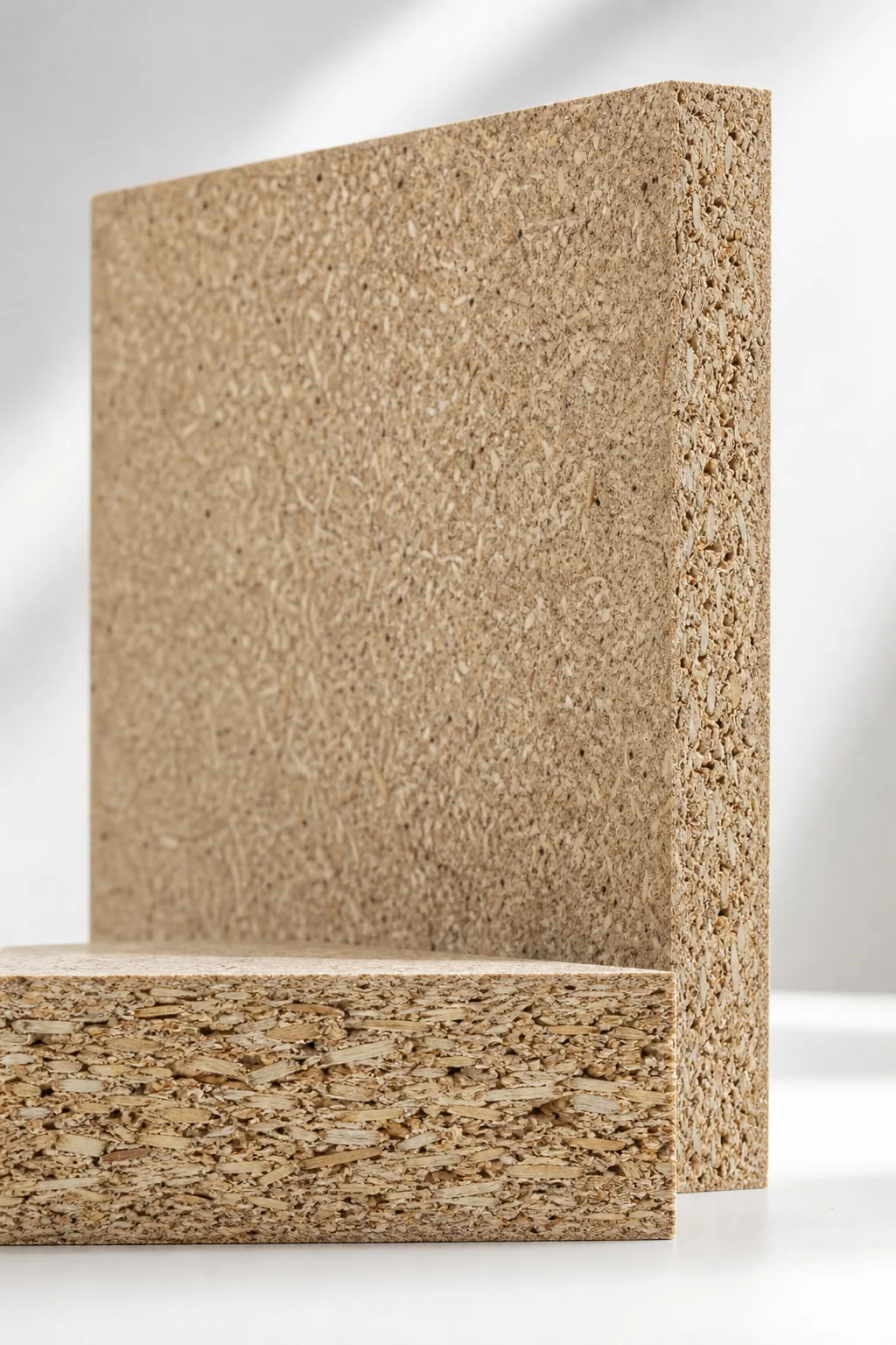 Particle boards showing compressed wood-chip construction