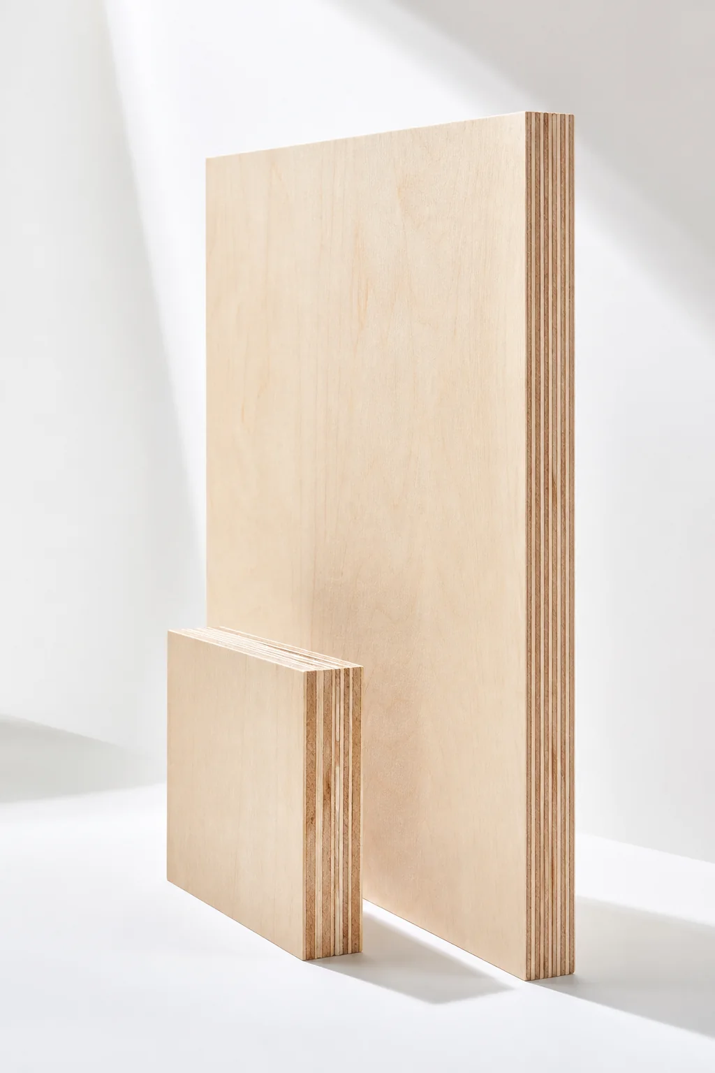 Plywood boards showing alternating cross-laminated veneer layers
