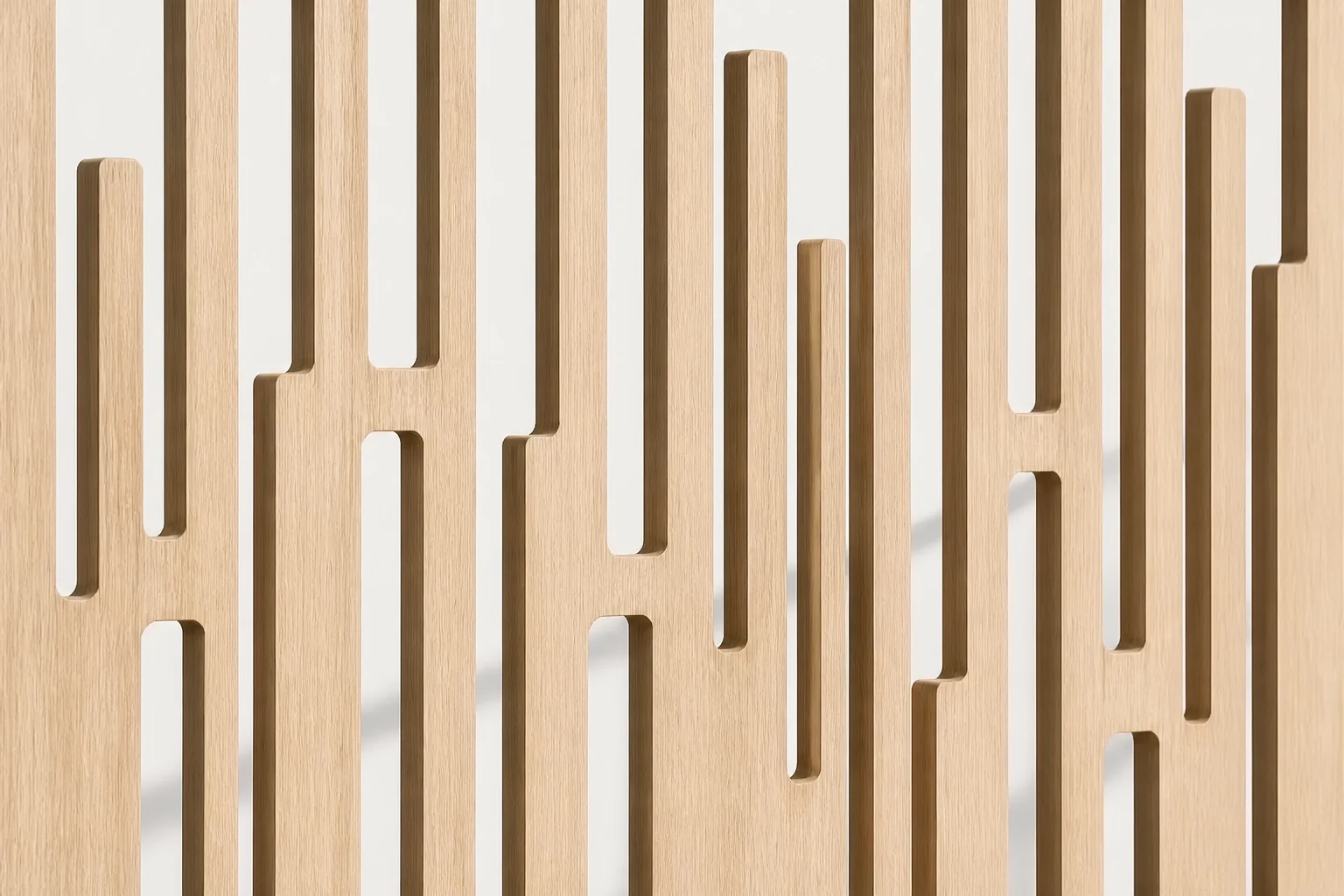 Close-up of a pale oak CNC screen with repeated vertical slots