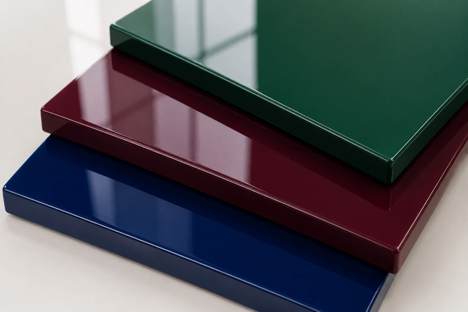 Layered high-gloss panel samples in emerald, burgundy and cobalt