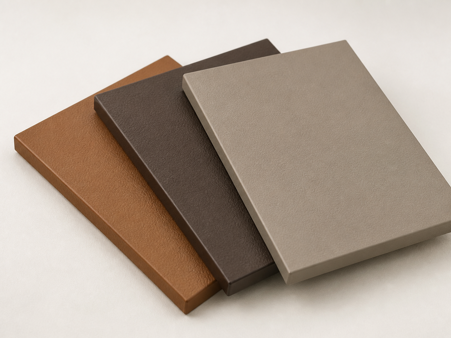 Three leather-grain melamine panel samples in saddle tan, cocoa brown and stone taupe with matching finished edges