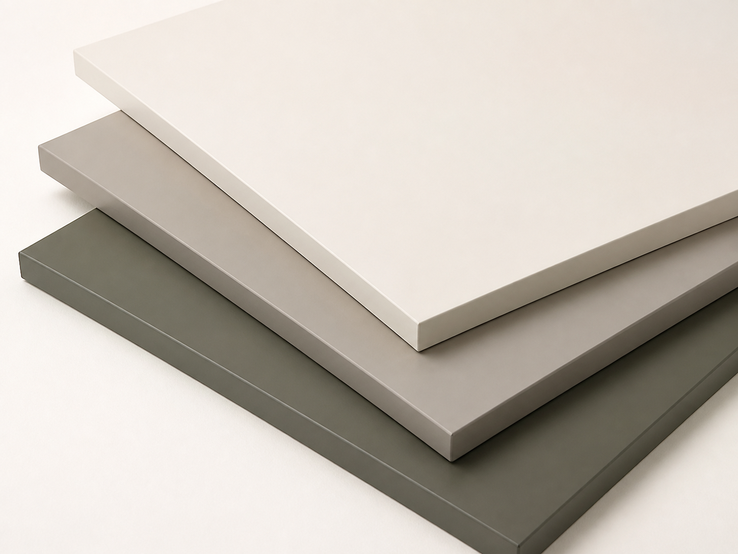 Three stacked solid-colour melamine panel samples in warm white, greige and muted olive-grey