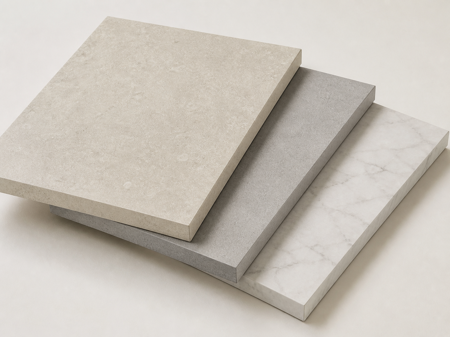 Three stacked melamine panel samples in limestone, concrete and light marble designs