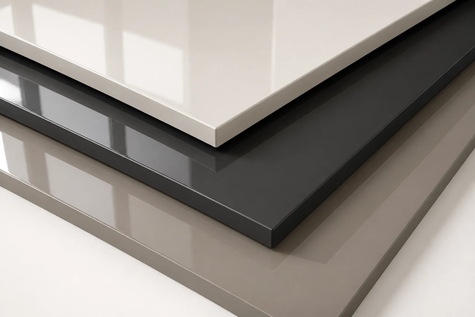 Layered PET panel samples with polished high-gloss reflections