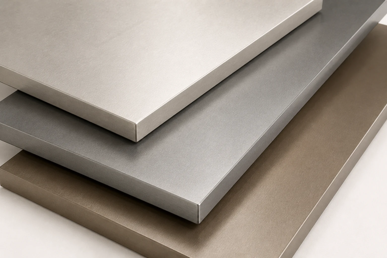 Layered PET panel samples in champagne, pewter and bronze metallic finishes