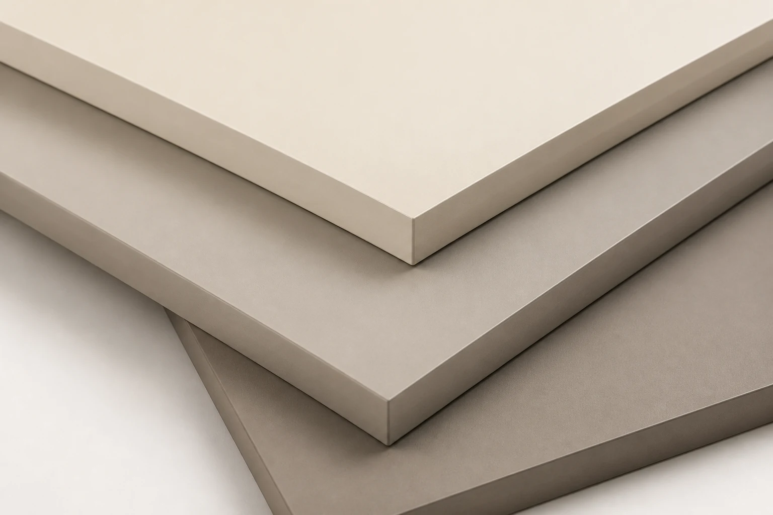 Layered PET panel samples in warm super-matte neutral finishes