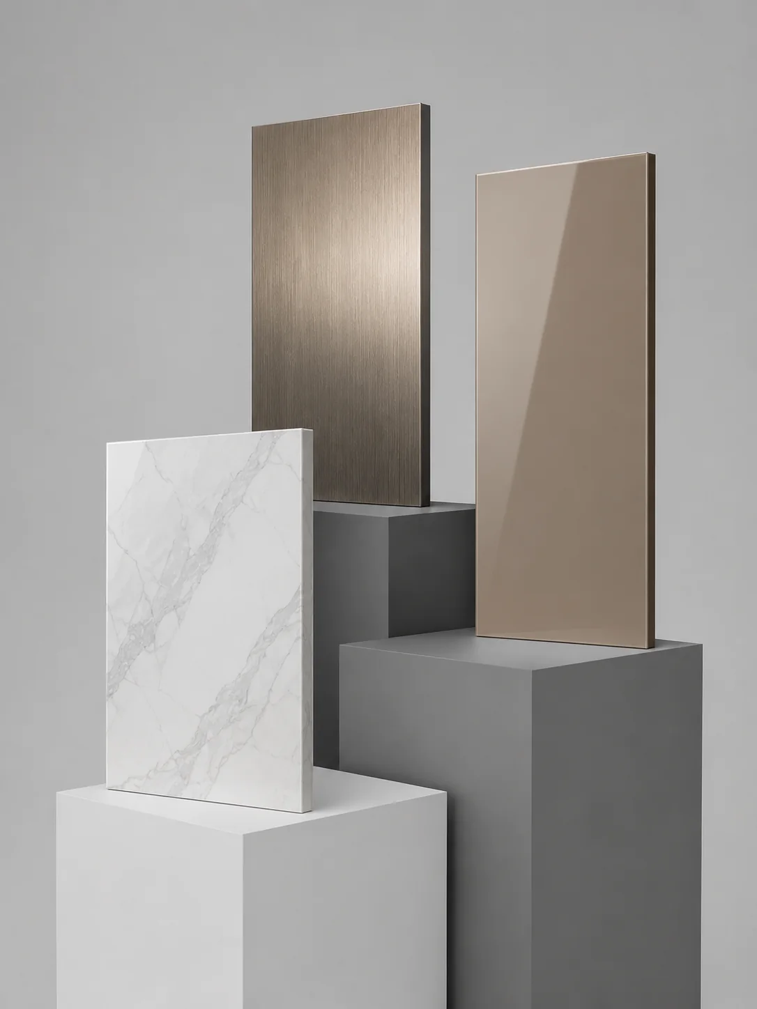 Three PANELTEN decorative panels in metallic, gloss and marble finishes