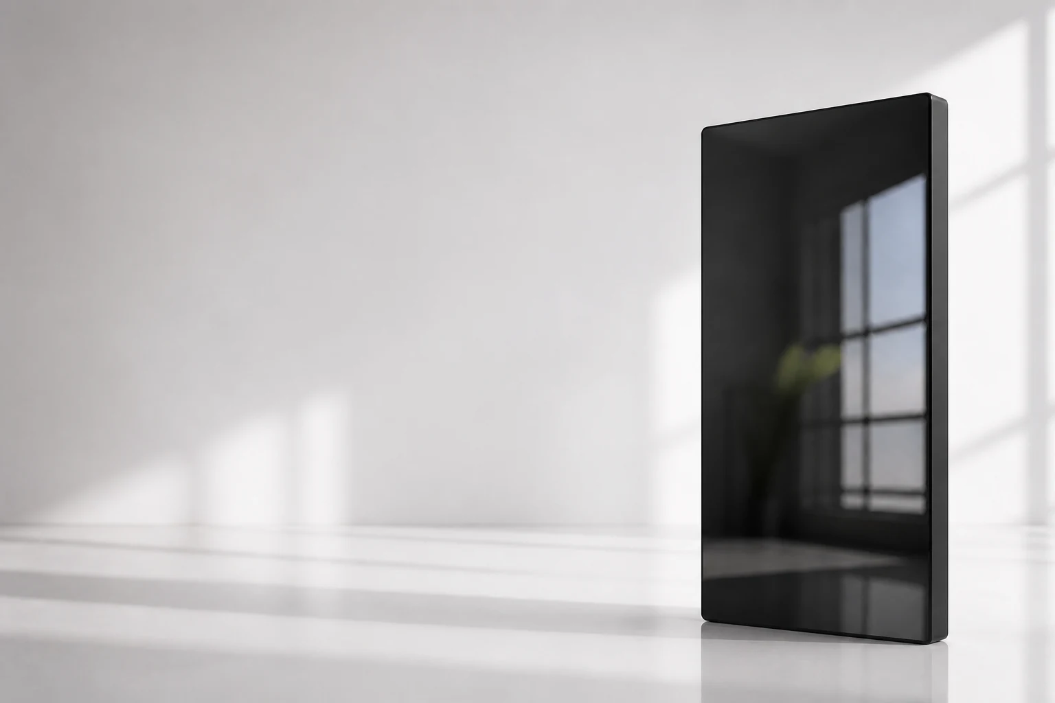 Substantial deep charcoal gloss spray panel positioned in a bright studio