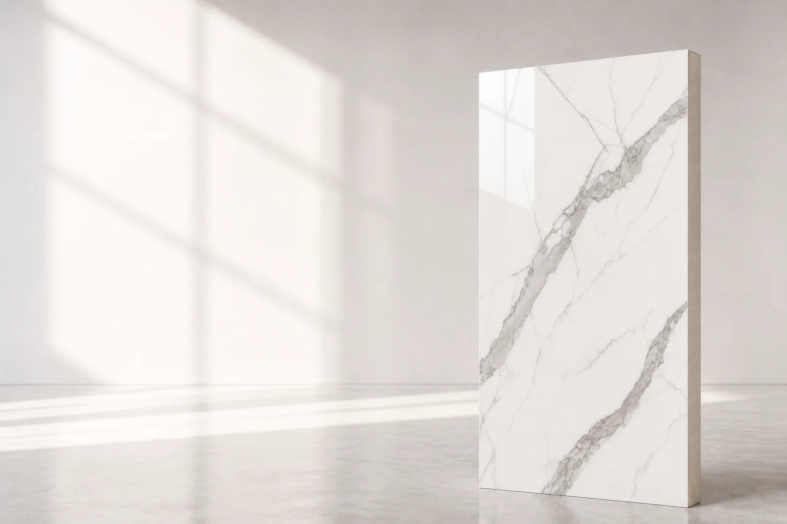 Substantial white UV marble decorative panel positioned in a bright studio