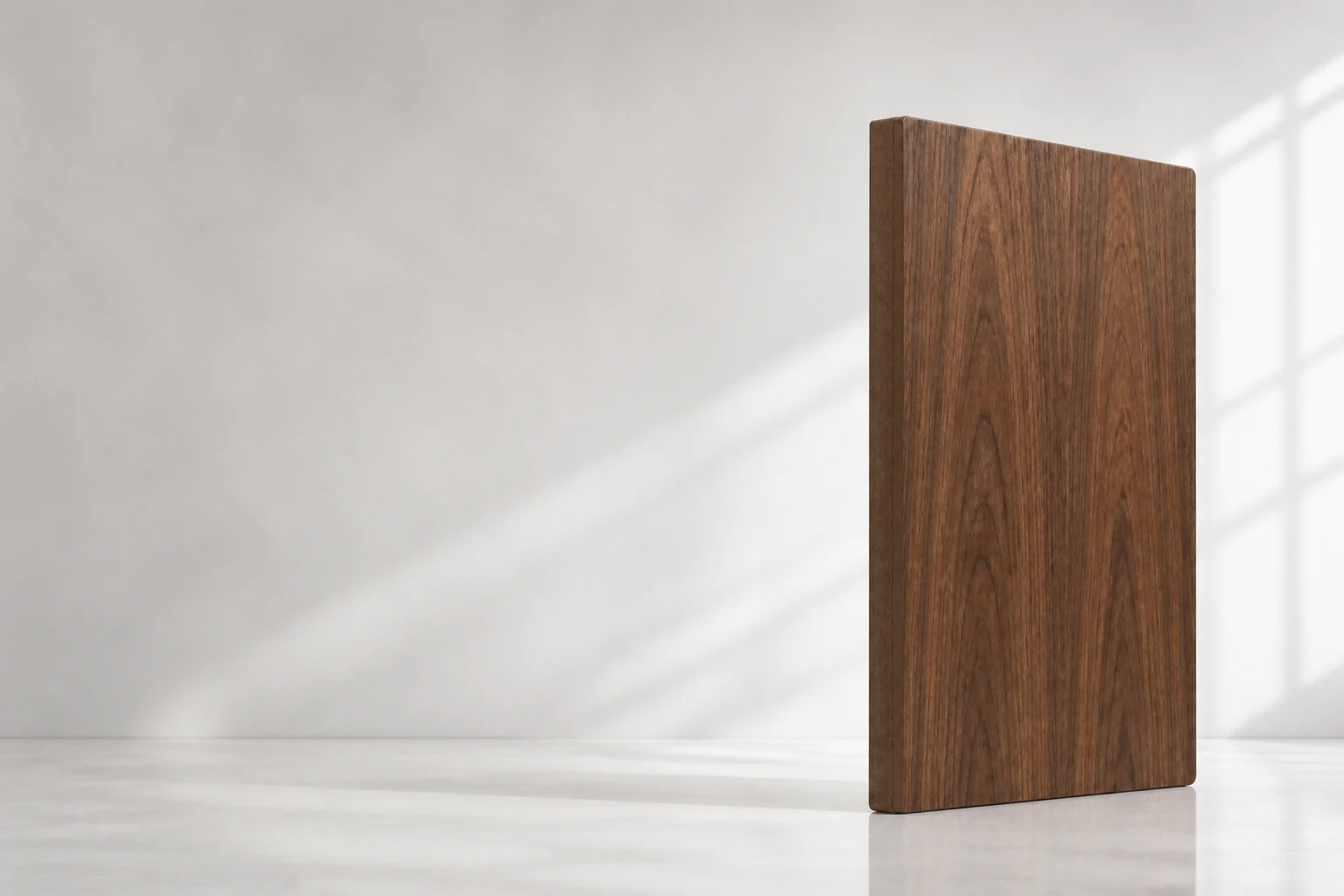 Substantial warm walnut veneer panel positioned in a bright studio