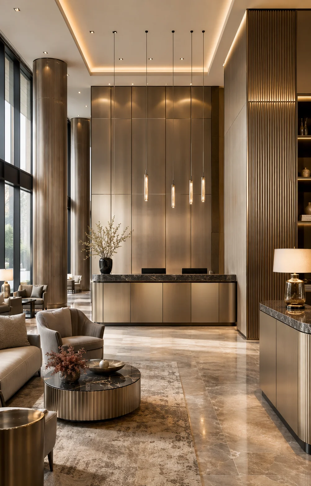 Luxury reception interior featuring metallic wall panels and fluted surfaces